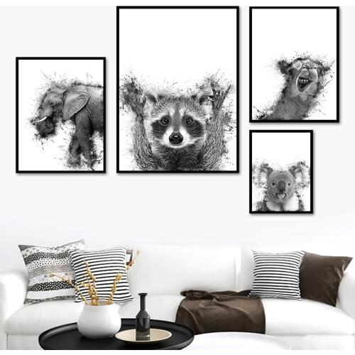 Black White Animals Elephant Raccoon Giraffe Wall Art Canvas Painting Nordic Posters And Prints Wall Pictures Kids Room Decor