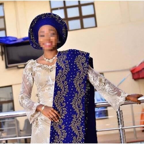 Nigerian aso oke headtie gele with stones high quality nigerian head tie asooke beaded lace fabric 2piece/lot