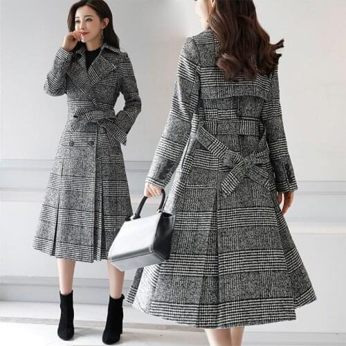 New medium and long double-breasted waist woolen coat Slim black and white tartan plaid windbreaker high-end womens clothing
