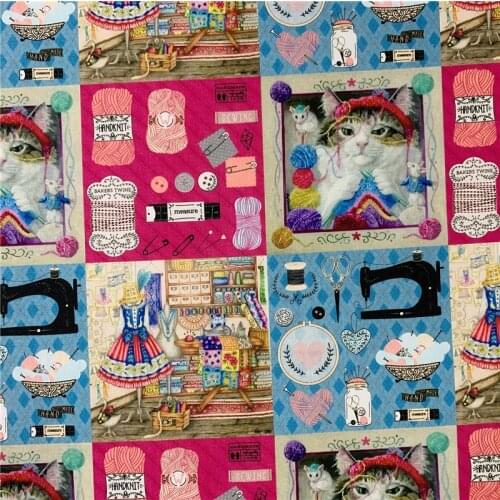 Tailor machine grandma cat Plain cotton fabric Patchwork Sewing Quilting Fabrics Needlework Material DIY Cloth tablecloth