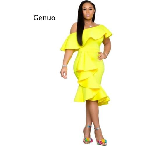 Off Shoulder Blackless Ruffles Yellow Dress Elegant Ladies Slim Bodycon Maxi Dress Vestido Women Mermaid Party Dress Robe Femme