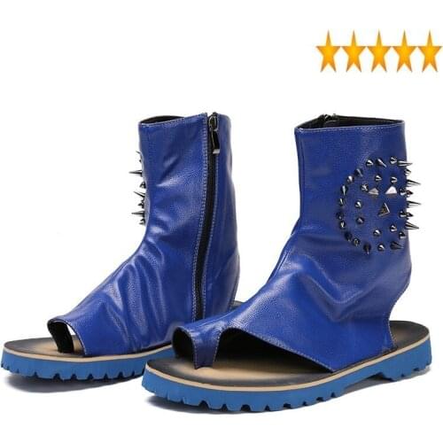 Men Fashion Blue Zipper Genuine Leather Breathable Rome Flat Sandals Summer 2021 Punk Style Rivets Casual Beach Footwear