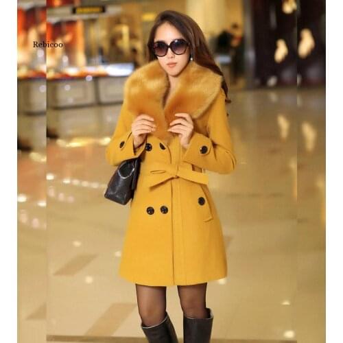 Women Winter Korean Style Black Long Wool Blend Fur Collar Trench Coat Ladies Fashion Windbreaker Clothes Plus Size 5Xl