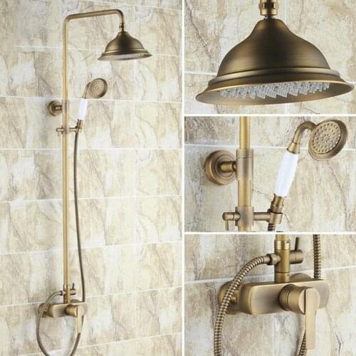 Vintage Antique Brass Wall Mount Rain Bathroom Rainfall Shower Faucet Set with Hand Held Spray Shower Head Mixer Tap 2rs172