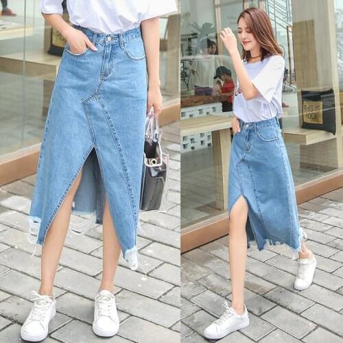 Spring & Autumn Denim Skirts New Korean Asymmetry Mid-length Skirt High-waist Split Sexy Hip Jean Skirt for Women BSQ488