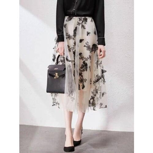 5XL Embroidery Butterfly Mesh Skirt Women Fashion Elegant A line Ankle Length Elastic Waist Skirts Chic Long Skirts For Women