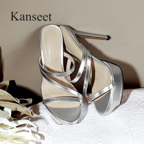 Kanseet Womens Slippers Summer 2021 Platform Elegant Sexy Super High Heels Green Gold Silver Genuine Leather Female Shoes