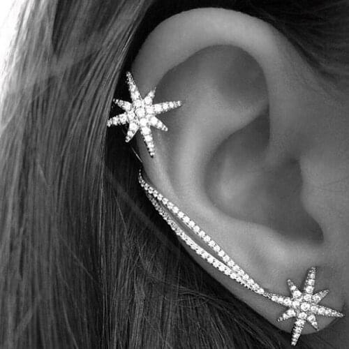 Crystal Alloy Star Clip Earrings Unique Design Silver Color Zircon Single Earrings For Women 2017 New Fashion Volunge Jewelry