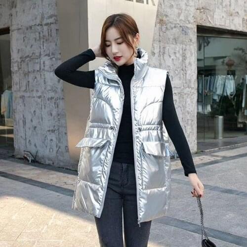 2021 New Glossy Down Cotton Waistcoat Womens Mid-Length Winter Coat Student Loose All-Match Vest Female Sleeveless Jacket