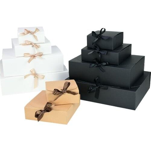 White Black Kraft Paper Box Party Gift Box with Ribbon Wedding Birthday Handmade Candy Chocolate Cookie Packaging Decor Supplies