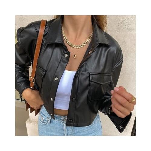 JESSIC Streetwear Black Cropped PU Leather Jackets Buttons Pockets Basic Autumn Winter Jacket Women Coat Moto Outwear Punk