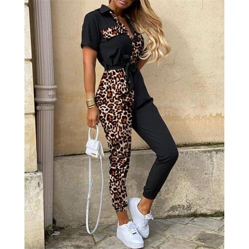 Elegant Woman Jumpsuits Cargo Pants Patchwork Leopard Jumpsuits Button Down Cuffed Short Sleeve Playsuit Jumpsuit Womens