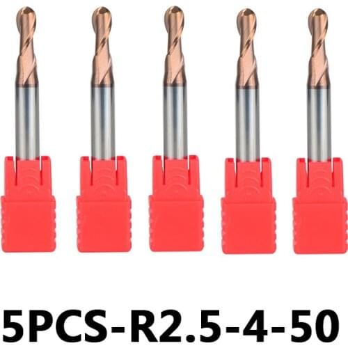 Tungsten Steel Ball Nose End Mills 5pcs/lot R2.5-6-50 HRC55 With Straight Shank 2-Flute Ball Head Milling Cutters Router Bits