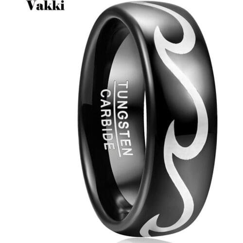 VAKKI 8mm Mens Ring Wedding Band Engagement Ring Black Tungsten Steel Ring Laser Wave Pattern Tungsten Carbide Ring