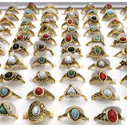 50pcs Tibetan Vintage Style Rings Semi Precious Stone Rings For Women High Quality Rings