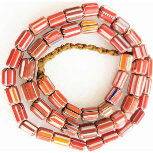 Red Strip Barrel Safron Beads Strand Necklace Nepal Hand Antiqued Trade Lampwork Beads TNL368