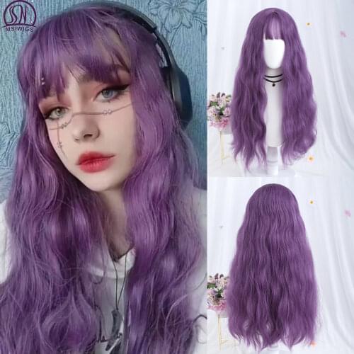 MSIWIGS Long Natural Wavy Purple Cosplay Lolita Harajuku Synthetic Wigs With Bangs for Womens Heat Resistant Hairpiece
