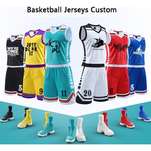 Custom Print Men Kids Basketball Jersey Sets Double side pockets College tracksuits Breathable Men Basketball Uniforms