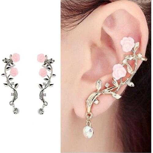 2021 New Fashion Rhinestone Rose Flower Ear Jackets Gold Or Branch Alloy Crystal Beautiful Earrings For Women Wholesale