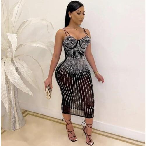 New Women Spring Sexy Sleeveless Mesh Diamonds Studded Black Beige Bodycon Midi Dress 2021 Elegant Evening Party Dress Vestidos