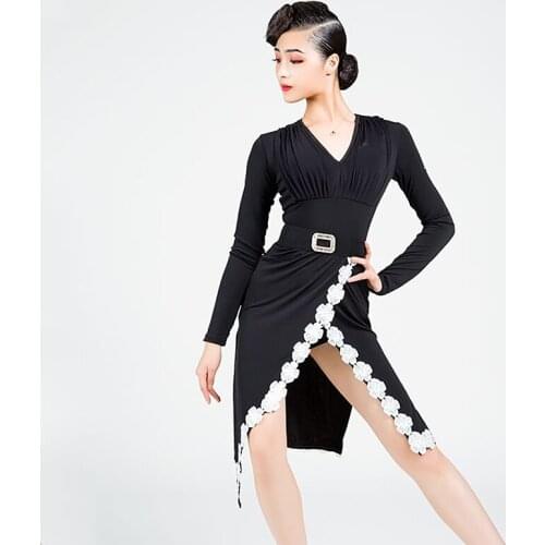 V-neck Latin Dance Dress Women Long Sleeves Latina Practice Costume Salsa Black Dresses Gatsby Dresses Dancers Outfits JL1095