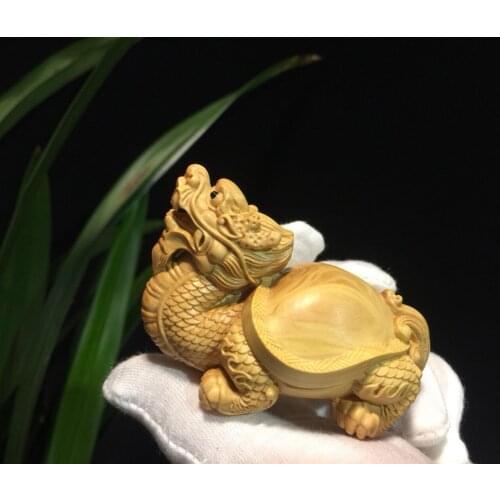 Wood carving / Wooden Buxus microphylla Vintage Folk figures Natural status Hand Carving dragon turtle NHYC turtle dragon Sculpt