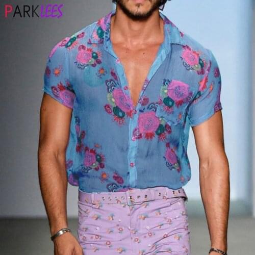 Sexy Floral See Through Lace Shirt Men 2020 Fashion Short Sleeve Transparent Dress Shirts Mens Party Hawaiian Beach Wear Shirt