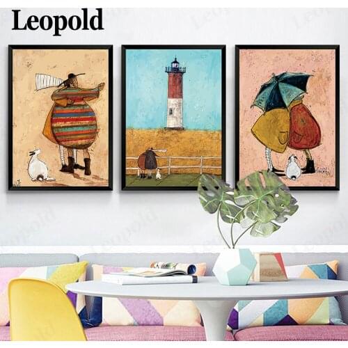 Nordic Canvas Happy Family Poster Print and Best Friend Umbrella Character Picture Wall Art Children Room Decoration