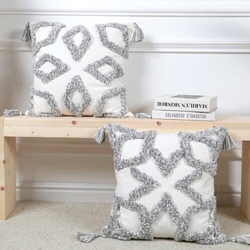 Nordic Gray White Tufted Throw Pillow Case with Tassel Morocco Boho Woven Diamond Clover Geometric Pattern Cushion Cover