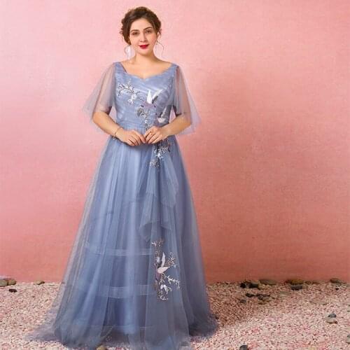 Evening Dress V-Neck Embroidery Lace Up A-Line Pleat Half Sleeves Floor-Length Luxurious Tulle Plus Size Women Formal Gowns D816