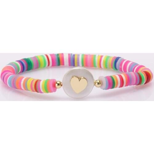 Boho jewelry shell pearl bead with gold solid tiny heart charm rainbow clay silicone plastic beaded bracelets for woman