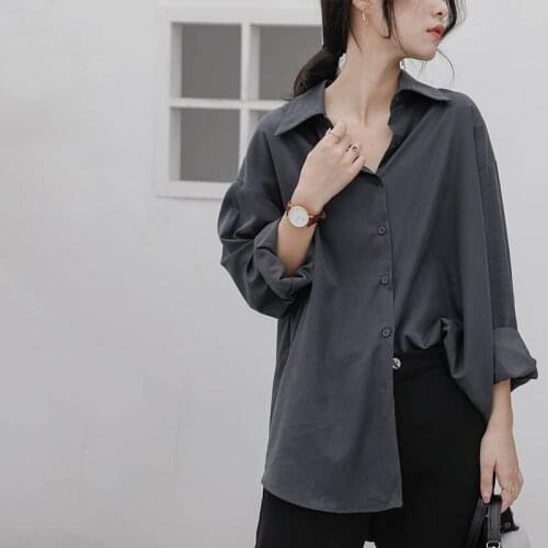 Cold wind retro texture sagging gray shirt women loose long sleeves lazy spring and autumn coat Hong Kong-flavored shirt