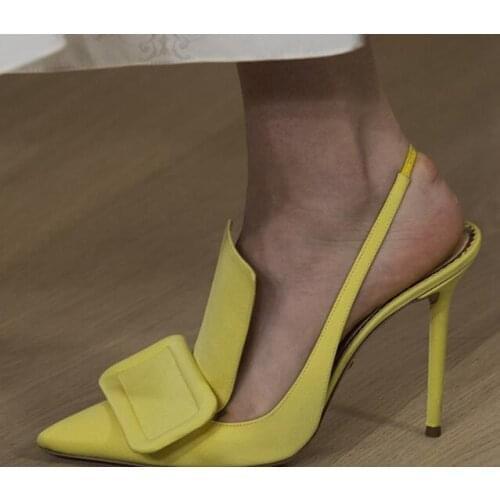 Ladys Purple Black Yellow Suede Slingback Square Buckle Pointy Toe High Heel Pumps Woman Cut Out Party Heels Banquet Shoes