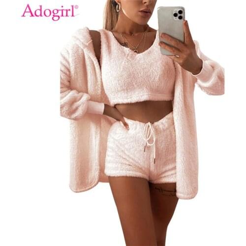 Adogirl 2020 Fall Winter Women Home Plush Suit 3 Piece Set Tank Crop Top Shorts Long Sleeve Cardigan Coat Casual Outfits