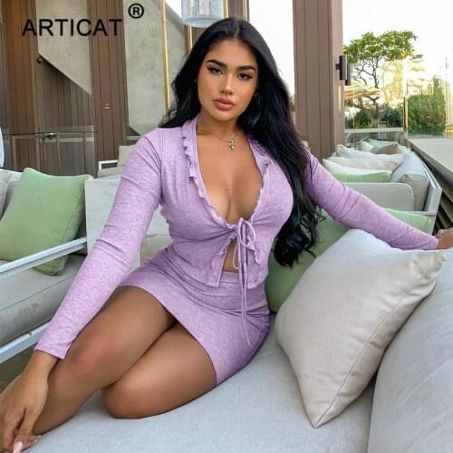 Articat Ruched Drawstring Rib Two Piece Set Women Solid V Neck Long Sleeve Crop Top Mini Skirt Clubwear Ladies Autumn Clothes