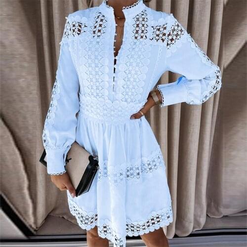 2021 Autumn Hollow Out Lace Party Dress Spring Buttons Stand Collar Office Lady Dresses Casual Long Sleeve Patchwork Women Dress