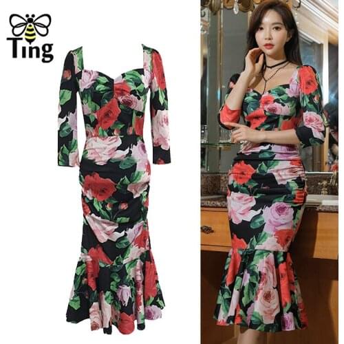 Tingfly Runway Designer Bodycon Dress Women Sheath Floral Print Ruffles Vintage Mermaid Party Dinner Midi Dress Elbise Female