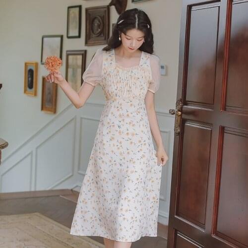 Summer Sweet Floral Dress French Retro Ruffles Square Neck Robe Femme Elegant Romantic Puff Sleeve Fairy Dress