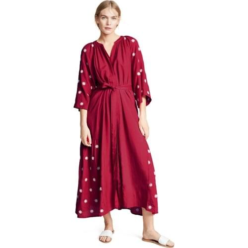Summer New Korean Edition Womens Dress Ins Retro Embroidered Loose Dress Ethnic Wind Bohemia Travel Holiday Beach Long Dress
