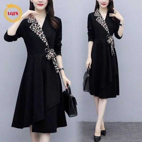 Plus Size Suit Dress Womens 2021Spring and Autumn Professional OL Printing Irregular Mid-Length A-line Long-Sleeved Dress