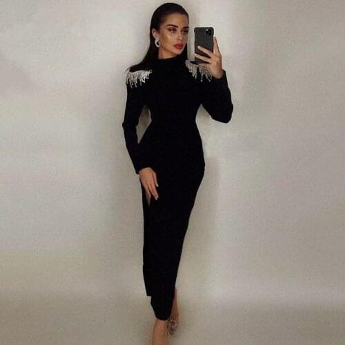 Women Winter Sexy Backless Long Sleeve Diamonds Tassel Long Bodycon Bandage Dress 2020 Elegant Evening Party Club Dress Vestidos