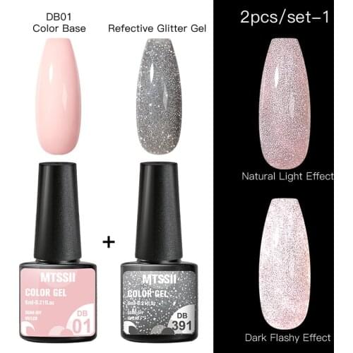 MTSSII 2PCS Reflective Glitter Gel Nail Polish Sliver Starlight Dark Flashy Varnish Set Soak Off Uv Base Top Gel Disco Nail Gel