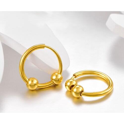 999 24K Yellow Gold Earrings For Women Real Gold Smooth Circle with two Samll beads Female Love Wedding Gold Earrings 10-11mmDia