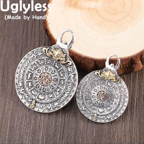 Uglyless 2Sizes 925 Silver Medals Pendants for Men Eight Treasures Patterns Buddhism Jewelry Male Buddhists Necklaces NO Chains