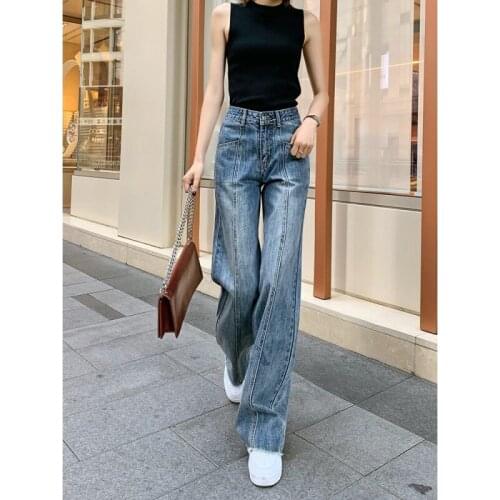 Stitching Wide Leg Jeans Womens New 2021 Spring And Autumn High Waist Feeling Thin And Versatile Straight Pants