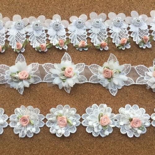 Exquisite 3D rose flower organza polyester water soluble embroidery lace trim flower clothing wedding veil jewelry material patc