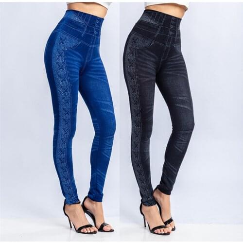 Leggins Imitation Denim Leggings Sweatpants WomenS High Waist Side Printed Hip Raising Capris Harajuku Trousers For Female