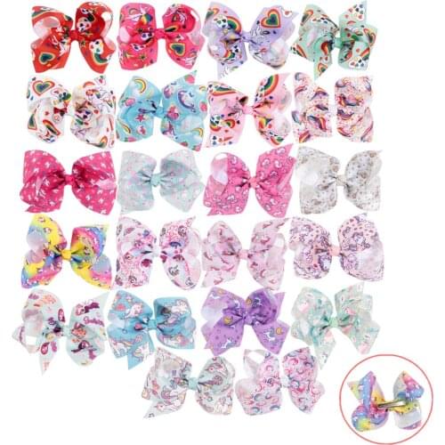 Cute 22 Colors 4.8" Unicorn Horn Ribbon Bow Hair Clips Rainbow Printed Cartoon Hair Bows Baby Christmas Gift Hair Accessories