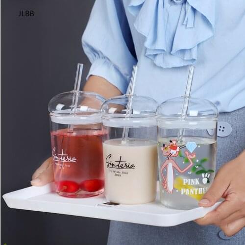 Fashion design glass straw mug,creative glass cup,transparent heat-resistant glass mugs milk cup with lid christmas mug Gift