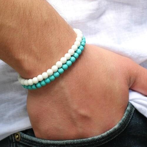 Fashion Mens Bracelet Surfer Bracelet 2 pc Set Mens Beaded Wrist Bracelets 6mm Turquoisebeads WhiteAgate Bracelets mens gift